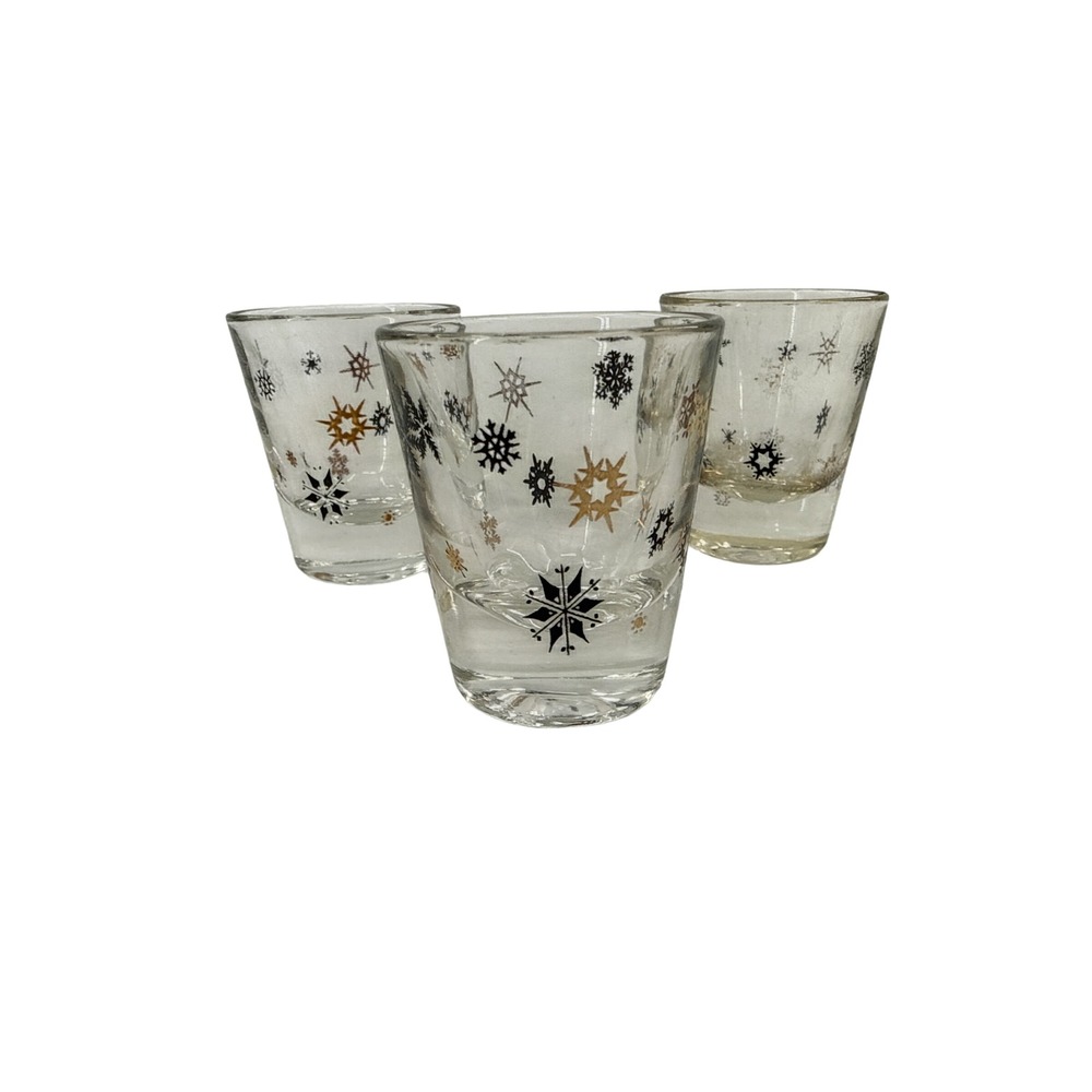 Vintage Mid Century Modern Shot Glass Set 8pc Atomic Snowflake Geometric Gold - Picture 4 of 6